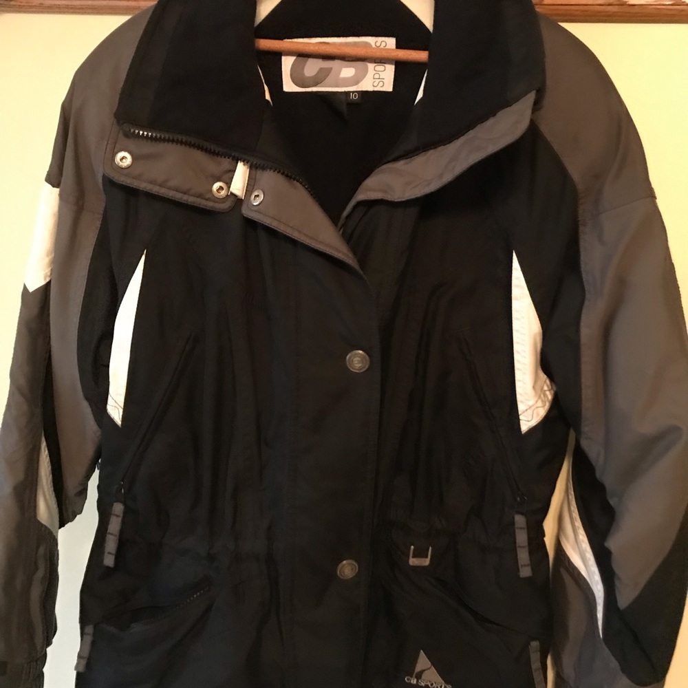 Black and Gray Ski Jacket with High Collar and Quilted Insulation